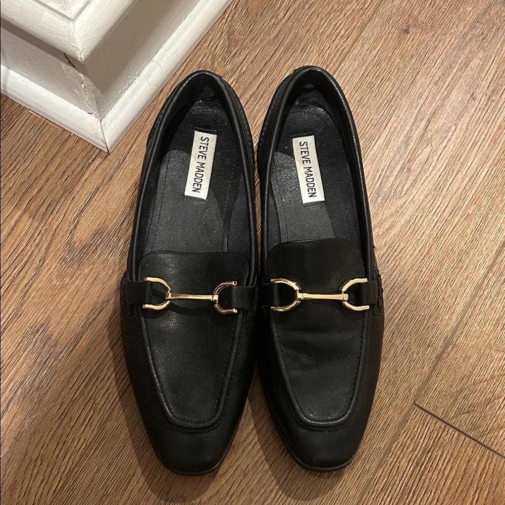 Steve Madden Black Leather Loafers with Gold Accent